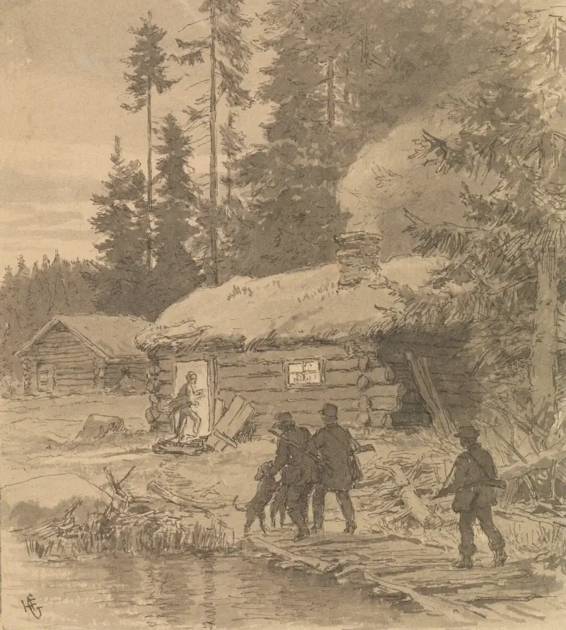 Vi kom snart til seteren. Gutten var gått i forveien med hundene og hadde gjort opp en dyktig ild på peisen av Hans Gude