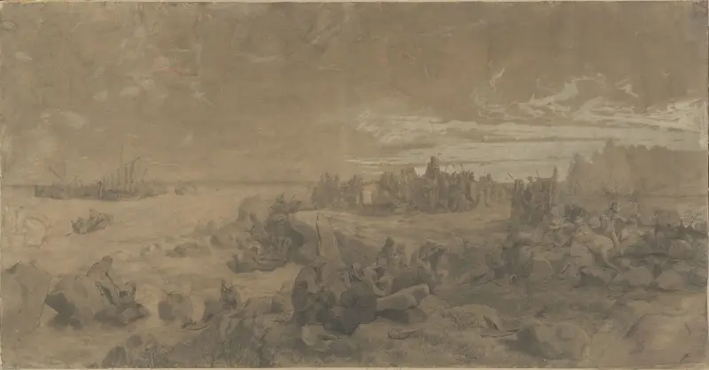 Vikingar reser en minnessten över de fallna av Hans Gude
