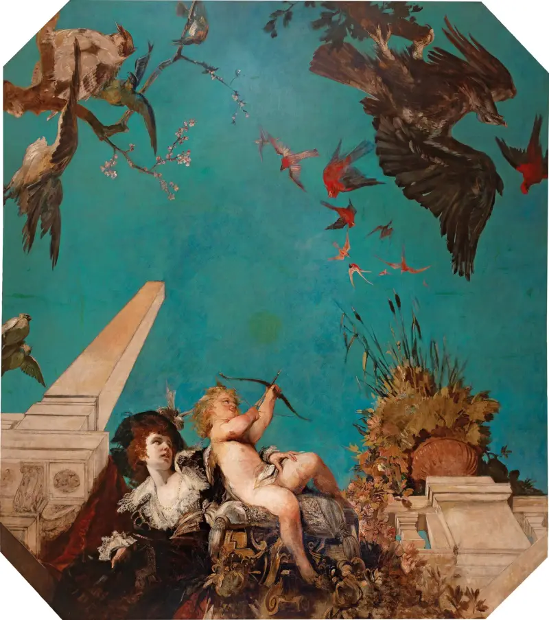 A Ceiling Painting, Society Lady With Cupid In A Garden Landscape av Hans Makart