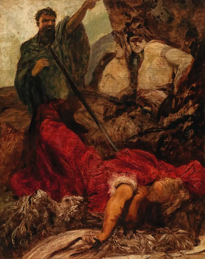 Siegfrieds död, jätten Hagen kastar Siegfried i en klyfta av Hans Makart
