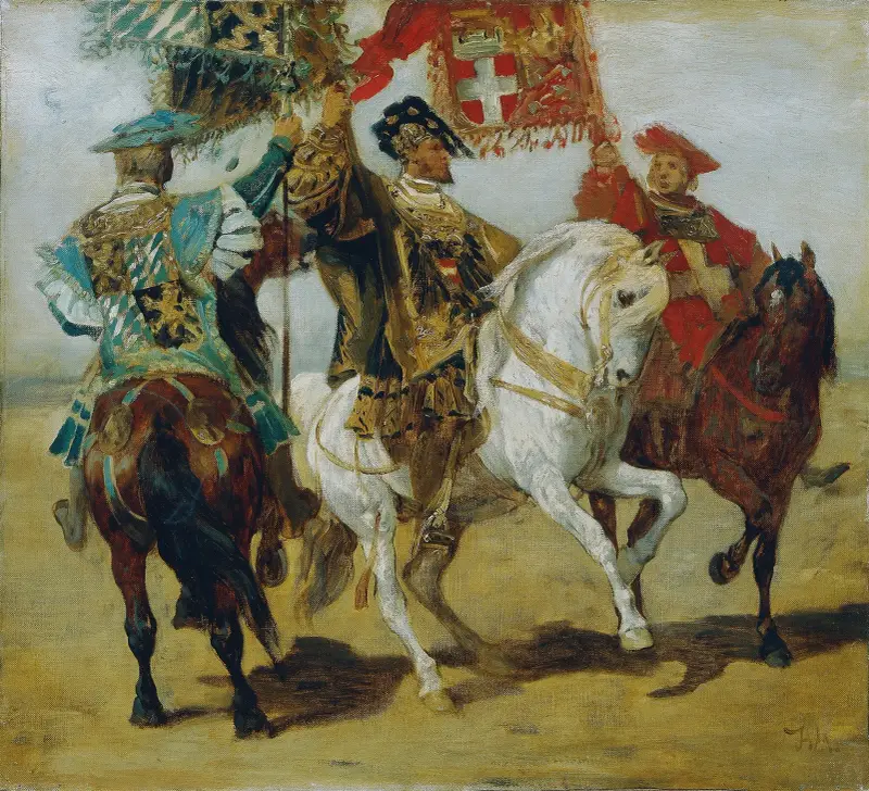Drei aufgestellte Standartenträger von Hans Makart