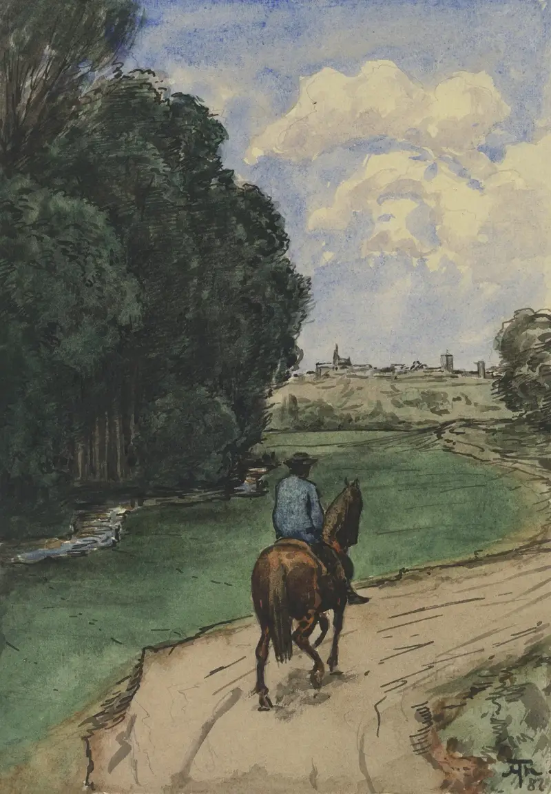 Am Waldesrand. Reiter auf einem Wege, bildeinwärts av Hans Thoma