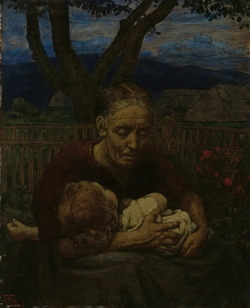 Mother and Child in a garden av Hans Thoma