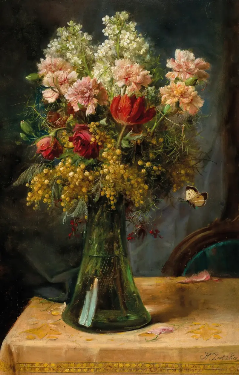 A Bouquet of Flowers with Tulips and Carnations in a Glass Vase with Butterfly av Hans Zatzka