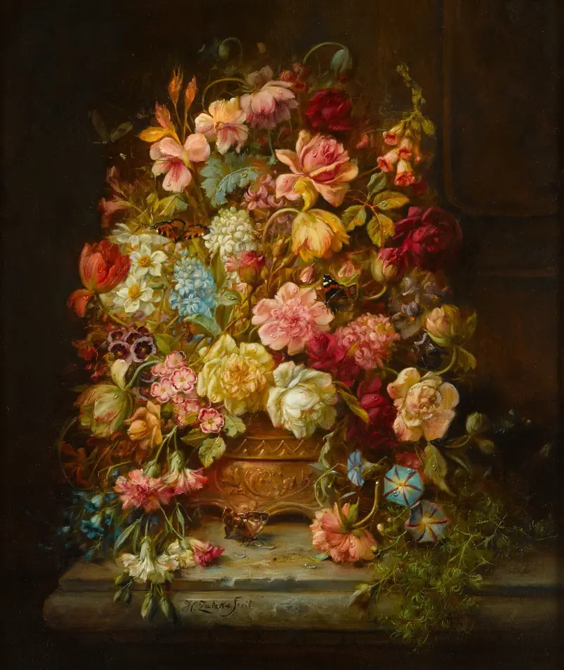 A still life with flowers in a jardiniere resting on a ledge av Hans Zatzka