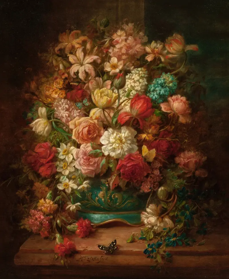 Stilleben med blommor och fjärilar av Hans Zatzka