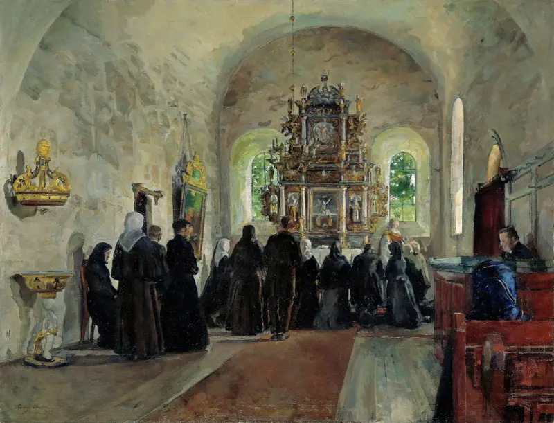 The Holy Communion celebrated in Stange Church av Harriet Backer