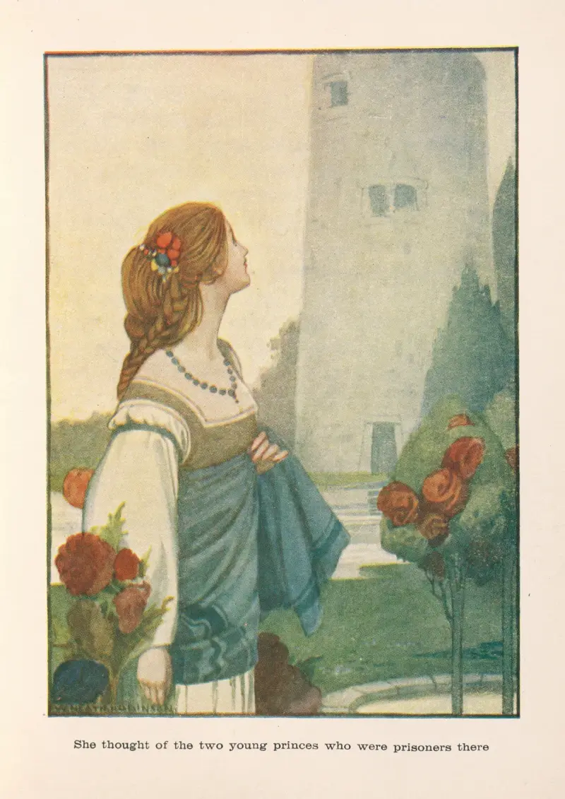 Emelia; Hon tänkte på de två unga prinsarna som var fångar där av William Heath Robinson