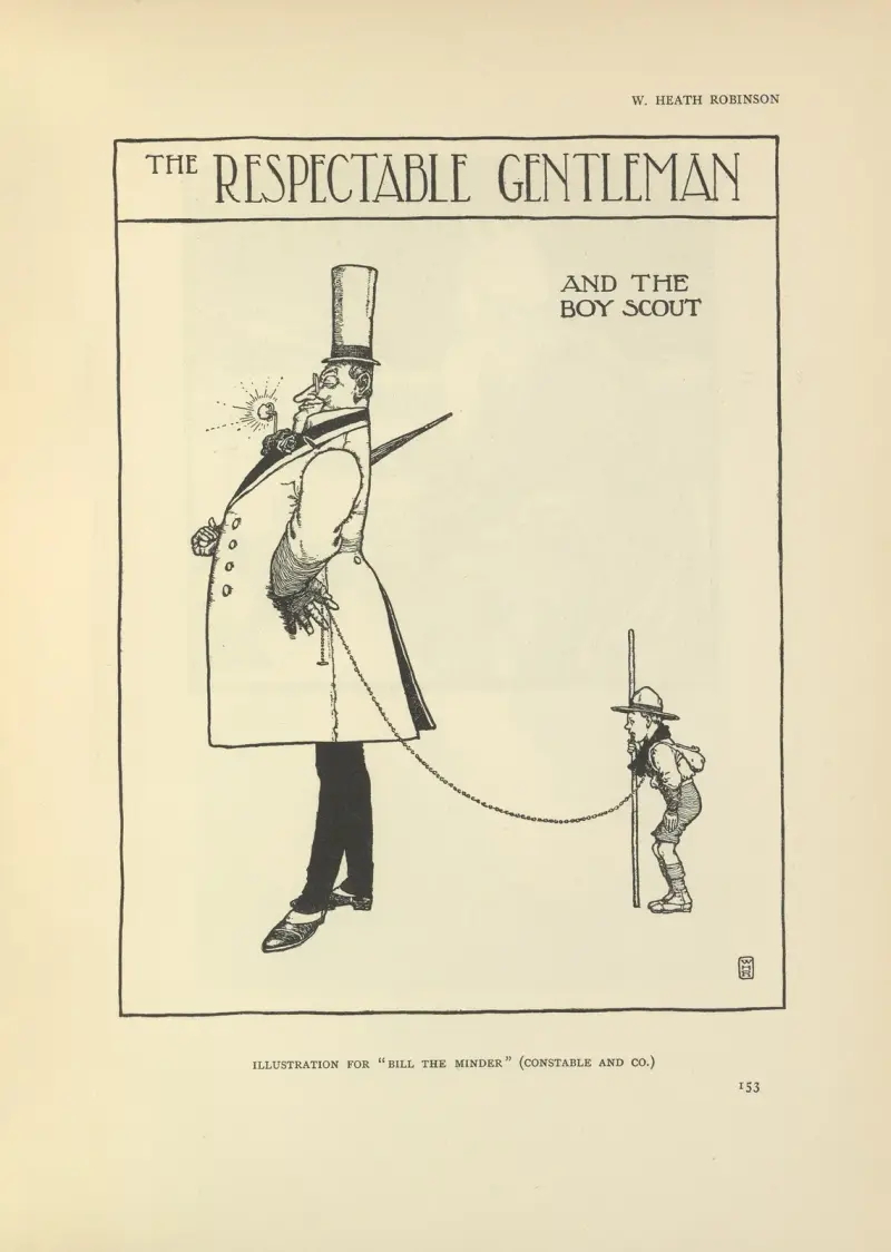 The respectable gentleman and the boy scout – Bill the minder av William Heath Robinson