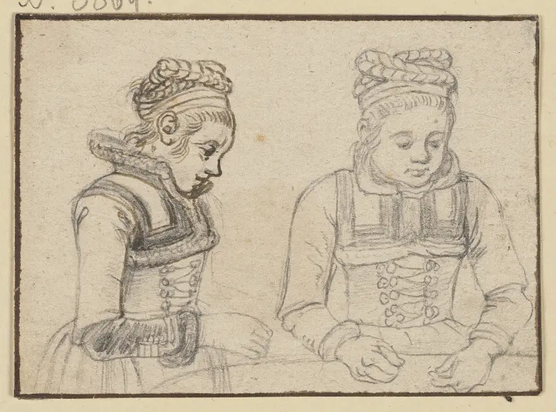 Brustbild eines Mädchens im Profil und von vorne av Hendrick Avercamp