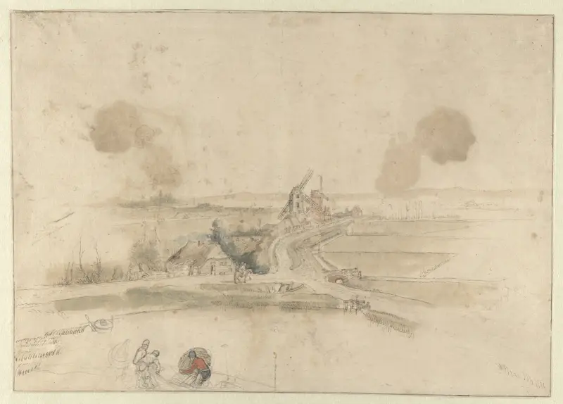 Landscape with Houses and Two Windmills along a Road, with Three Fishermen in the Foreground av Hendrick Avercamp