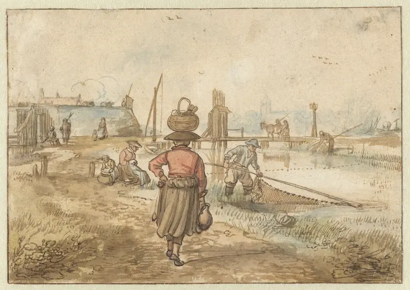 River Landscape with a Woman Carrying a Basket on her Head, Fishermen and Other Figures near the Walls of a Town av Hendrick Avercamp