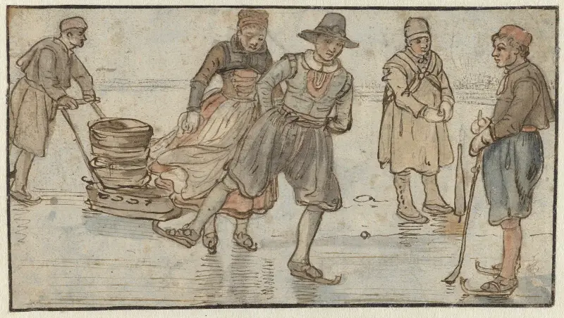 Skridskoåkare på isen, en man som skjuter en släde och en kolfspelare av Hendrick Avercamp
