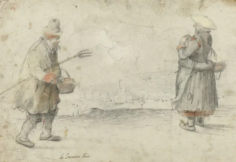 Studies of a Man and a Woman Standing on the Bank of a Frozen River, with a Town in the Distance av Hendrick Avercamp