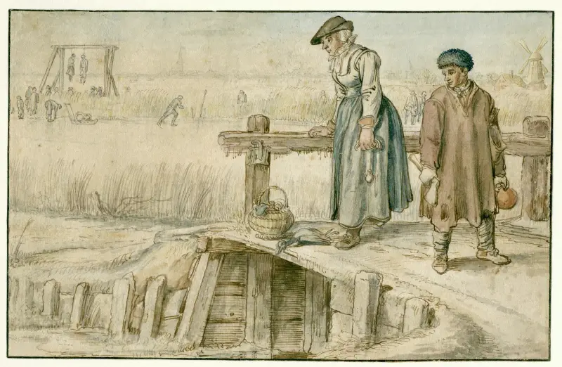Winter Landscape with a Woman and a Youth on a Small Bridge, Skaters and a Gallows in the Distance av Hendrick Avercamp