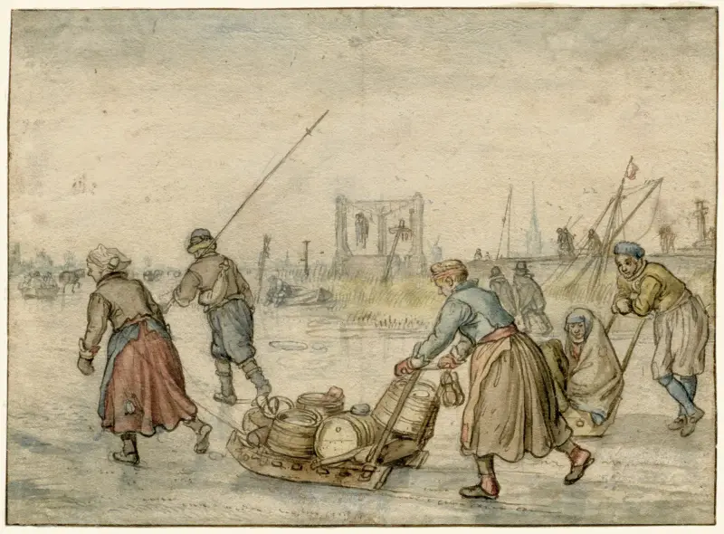 Winter Landscape with Two Women and a Sledge and Other Figures on the Ice, a Gallows in the Distance av Hendrick Avercamp
