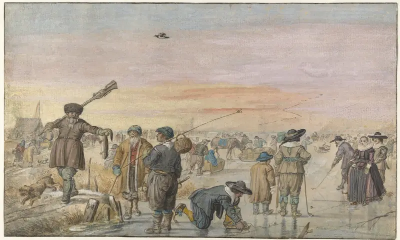 Vinterscen på isen, med en jägare som visar en utter av Hendrick Avercamp