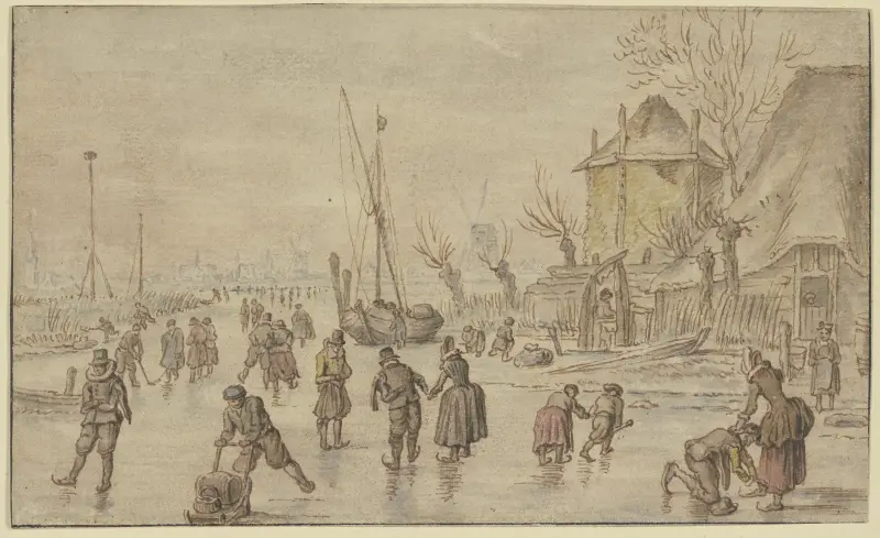 Winterlandschaft, auf dem Eis viele Schlittschuhläufer, rechts schnallt ein Mann einer Frau die Schlittschuhe an av Hendrick Avercamp