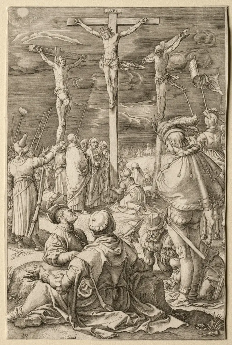 Kristus på korset mellan de två rövarna av Hendrick Goltzius