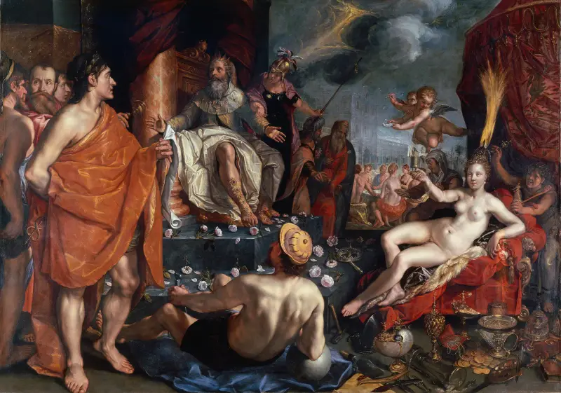 Hermes överlämnar Pandora till kung Epimetheus av Hendrick Goltzius