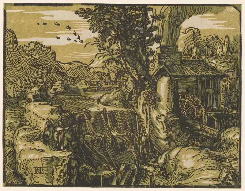 Landskap med vattenfall av Hendrick Goltzius