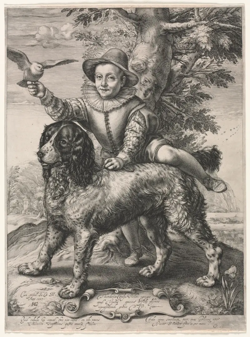 Porträtt av Frederick de Vries och hans hund av Hendrick Goltzius