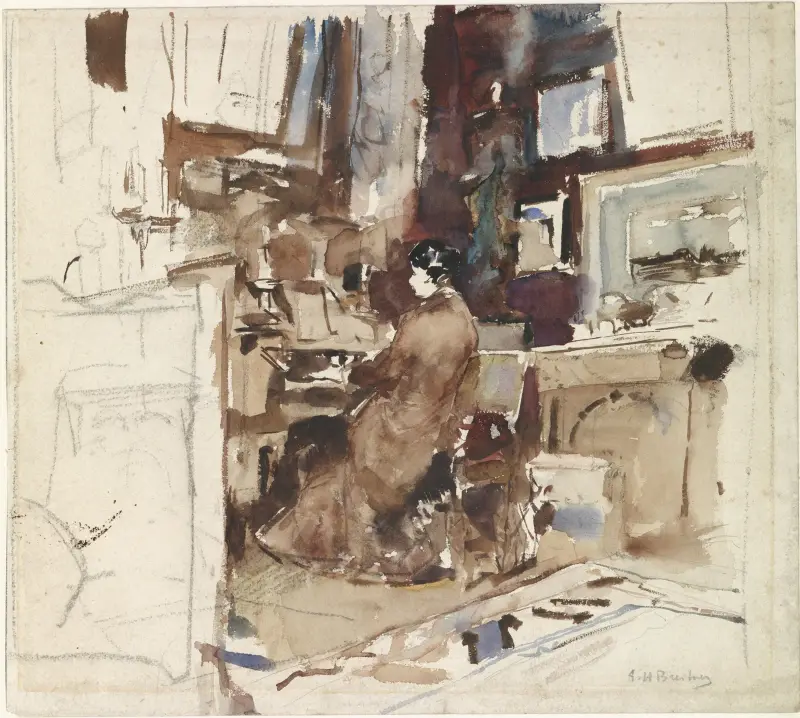 Dame in atelier achter harmonium av George Hendrik Breitner
