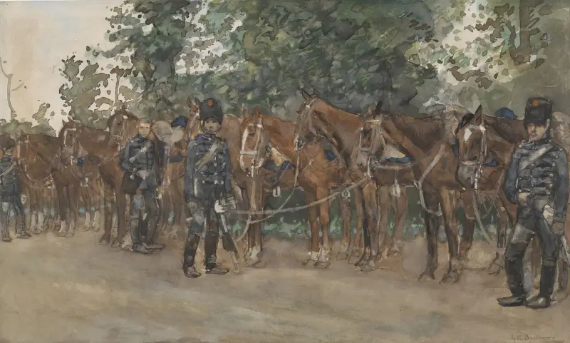 Huzaren staande naast hun paarden langs de kant van de weg av George Hendrik Breitner