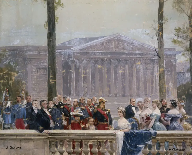 Kejsarfamiljen omgiven av många personligheter från andra kejsardömet framför Palais Bourbon av Henri Gervex