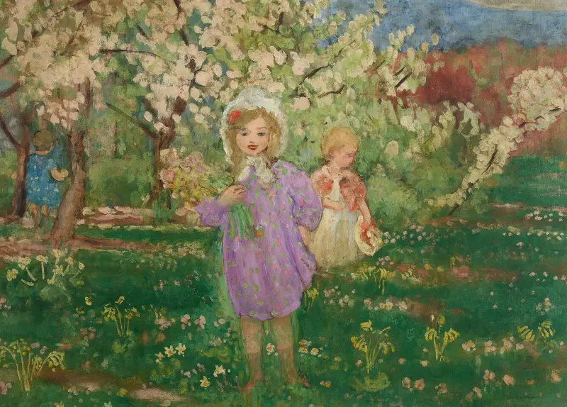 Barn i en blommande fruktträdgård av Henri Lebasque