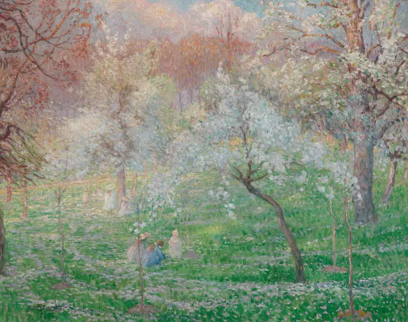 Kvinna och flickor i en blommande fruktträdgård av Henri Lebasque