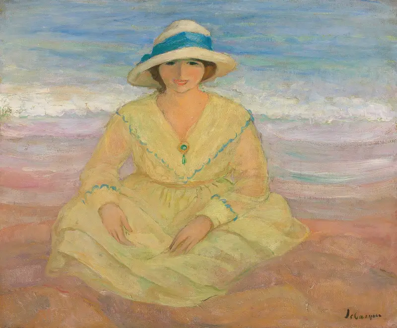 Ung flicka sittande på stranden av Henri Lebasque