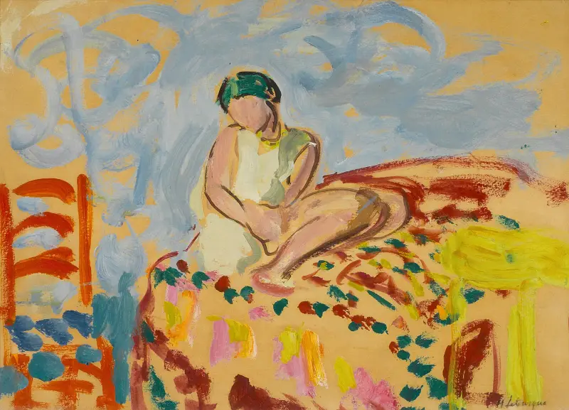 Ung flicka med grön turban sittande på en soffa av Henri Lebasque