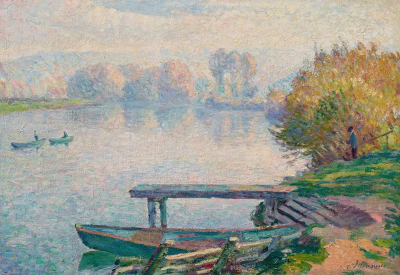 Dammen vid Saint-Pierre, fiskare och båtar av Henri Lebasque