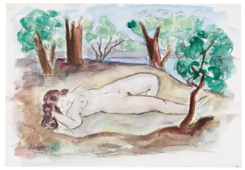 Liggande naken i landskap vid Saint-Tropez av Henri Lebasque