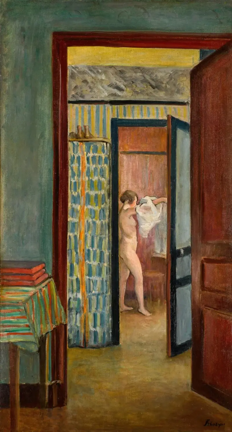 Kvinna som tar på sig skjortan i en interiör av Henri Lebasque