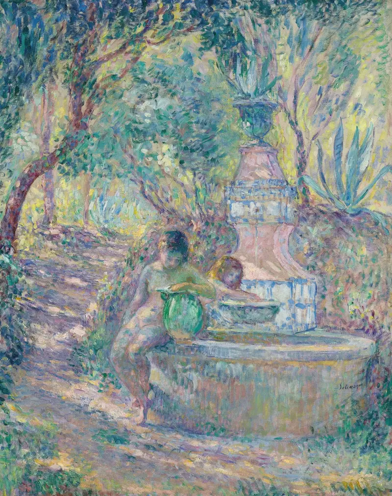 Saint-Tropez, två unga flickor vid fontänen av Henri Lebasque