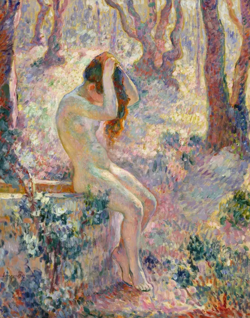 Ung naken kvinna sittande på kanten av en brunn av Henri Lebasque