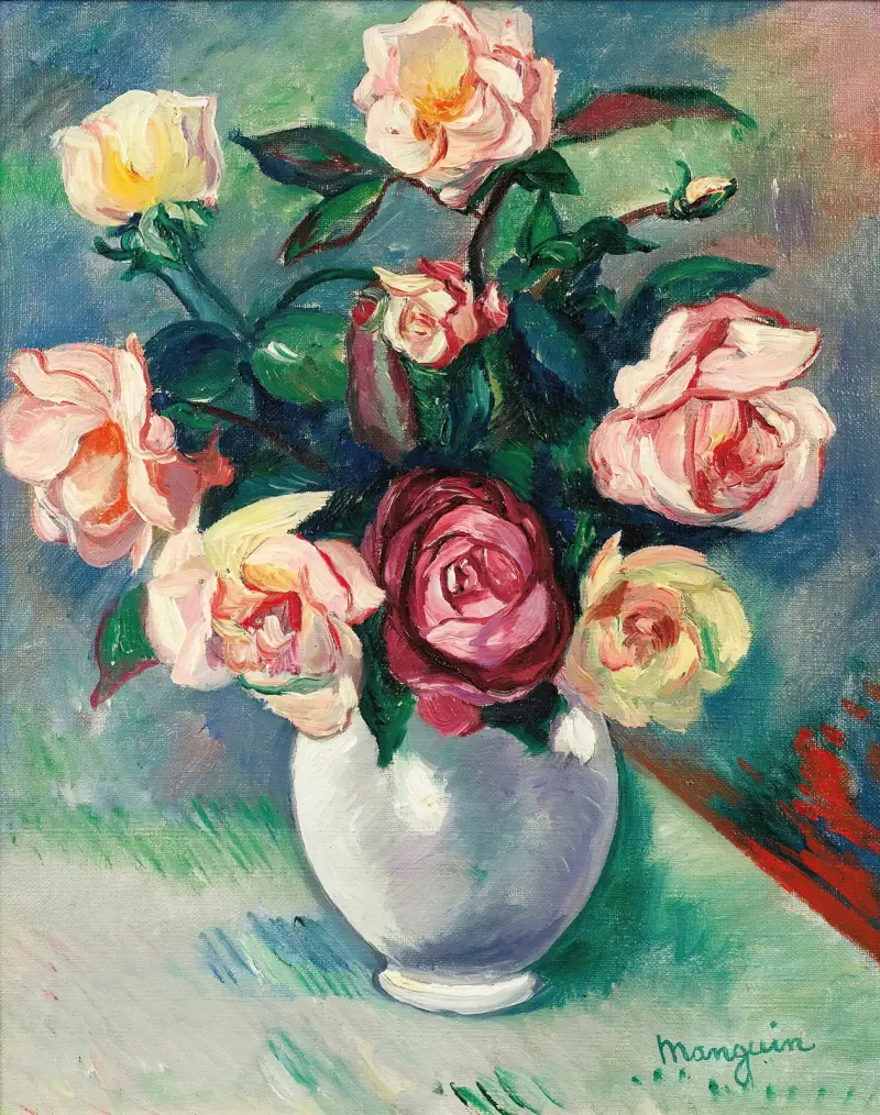 Rosbukett i vit vas av Henri Manguin