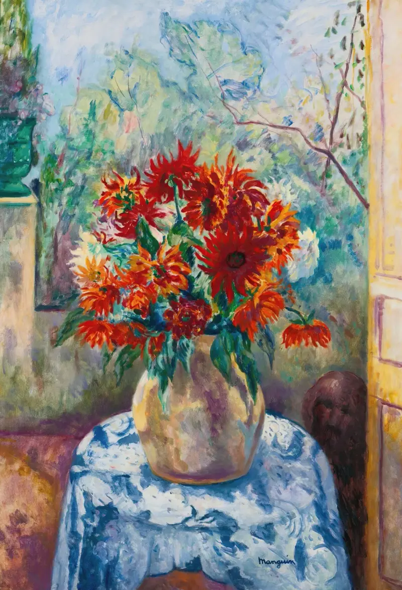 Dahlior på terrassen vid L'Oustalet, Saint-Tropez av Henri Manguin