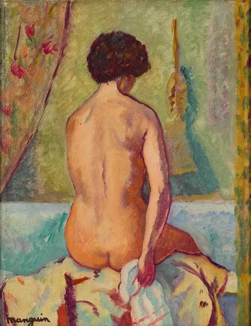 Naken sittande från ryggen, linje av Henri Manguin