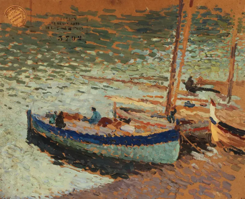 Bouquet de bleuets – Barques au port av Henri Martin