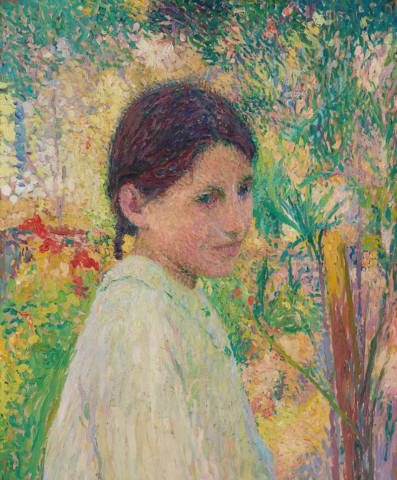 Porträtt av ung flicka i trekvartsprofil mot trädgårdsbakgrund av Henri Martin