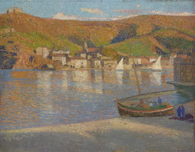 Fem fiskare och deras strandade båt i Collioure av Henri Martin