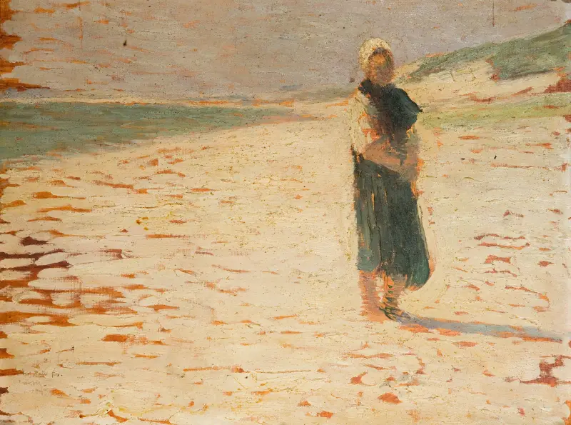 Kvinna i lokal dräkt stående på en strand av Henri Martin