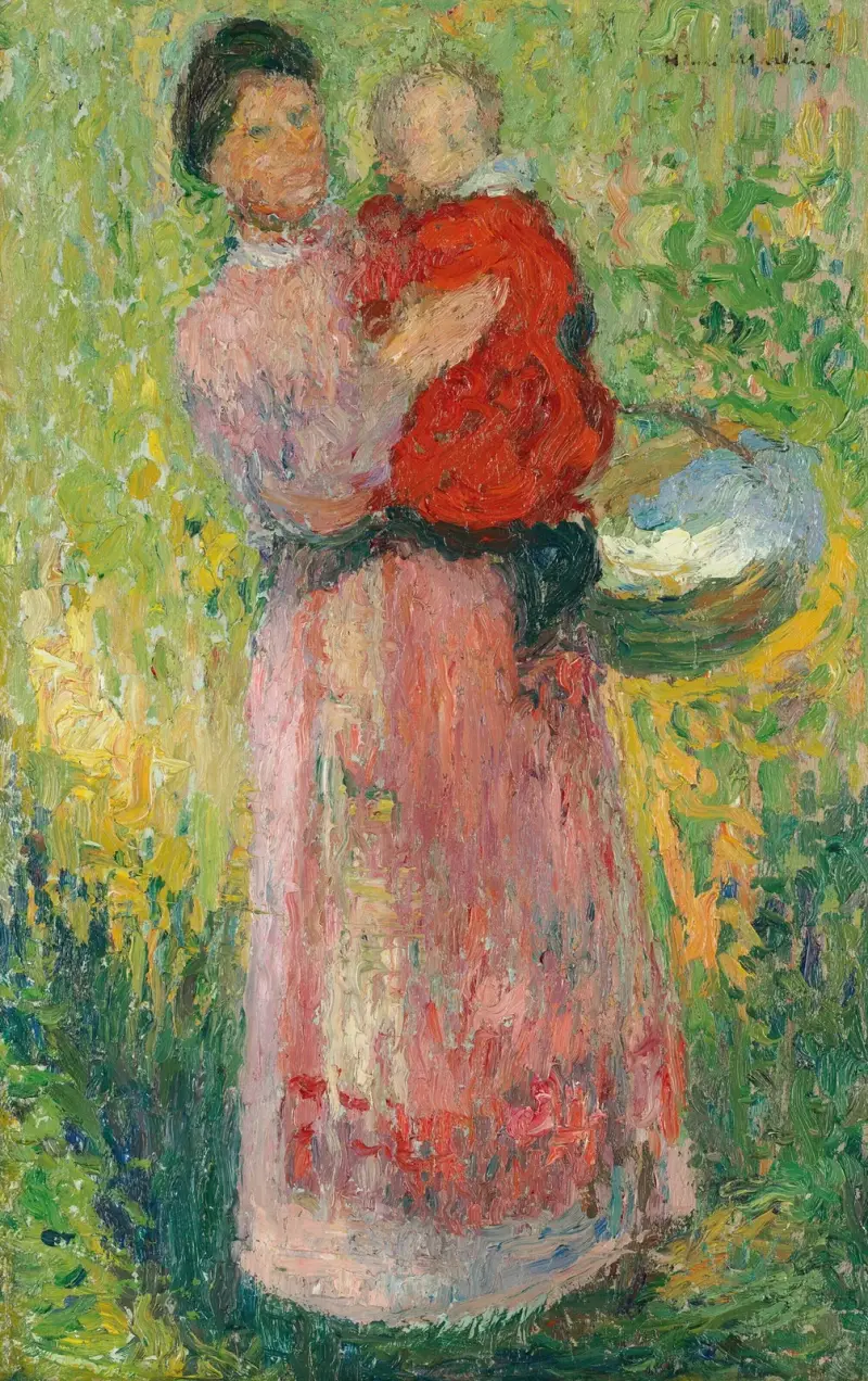 Kvinna bärande ett barn i rött av Henri Martin