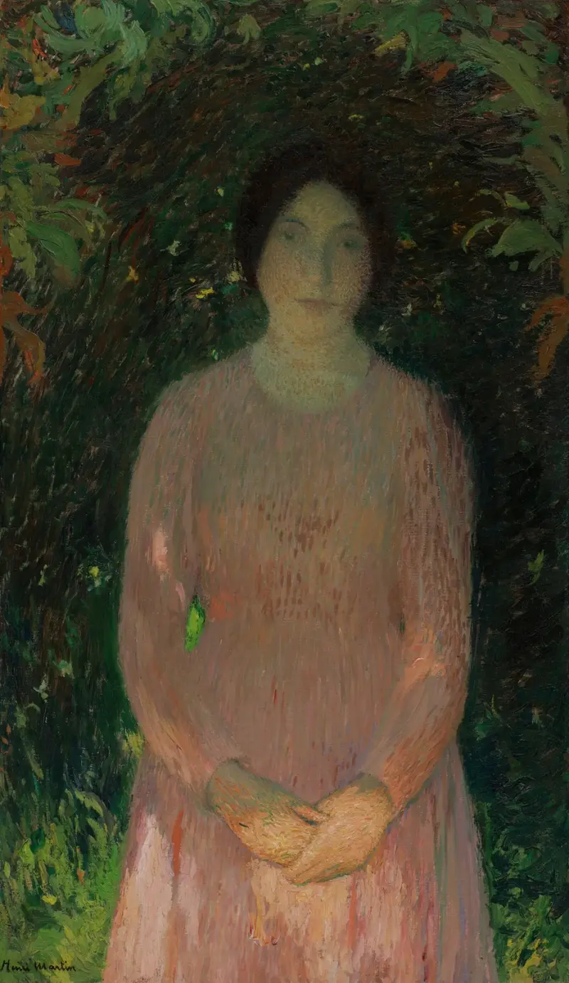 Ung flicka i rosa under en lövvalv av Henri Martin