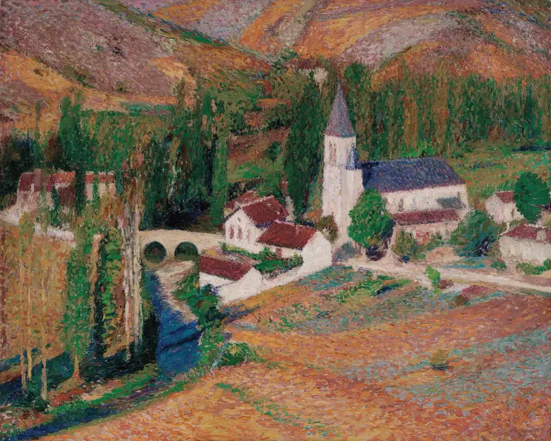 Kyrkan i Labastide-du-Vert med bron och floden, en höstkväll av Henri Martin