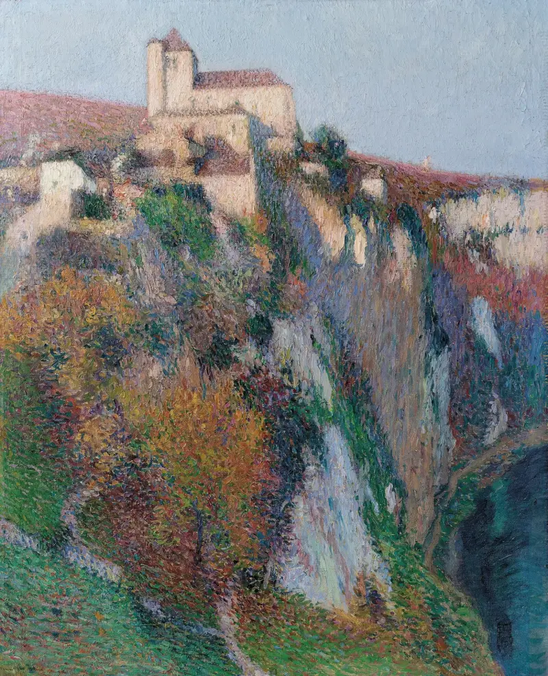 L’église Saint-Cirq Lapopie perchée sur la falaise de la boucle du Lot, ciel bleu av Henri Martin