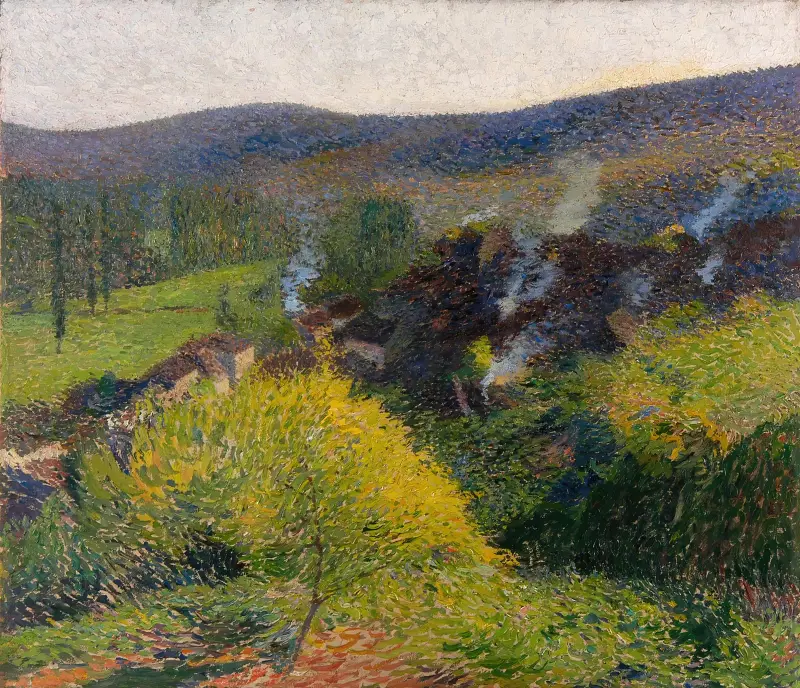 Les Chaumières au soir av Henri Martin